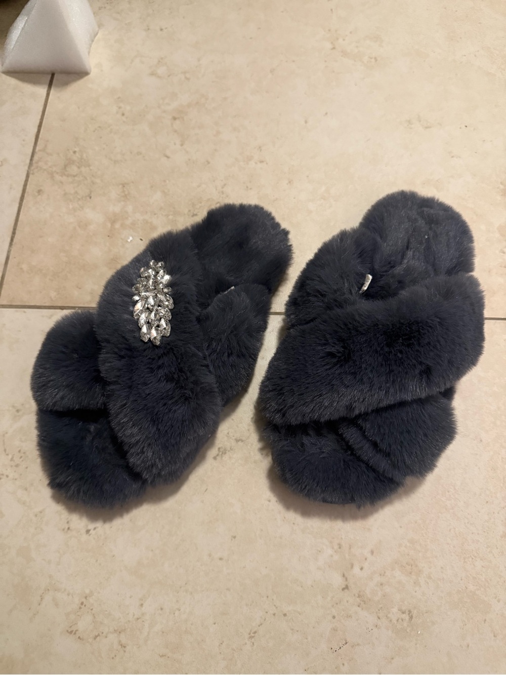 Anthropologie Dark Navy Plush Faux-Fur Slide Slippers with Crystal Accent